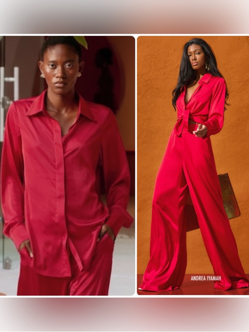 Andrea Iyamah Red Satin Button Front Shirt 8 Long Sleeve Collar